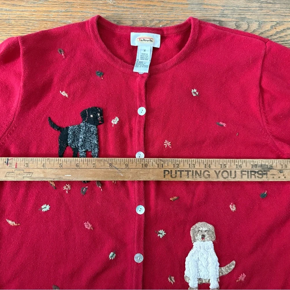Vintage 90s Talbots Red Dog Appliqué Knit Sweater Cardigan Size M - Picture 5 of 8